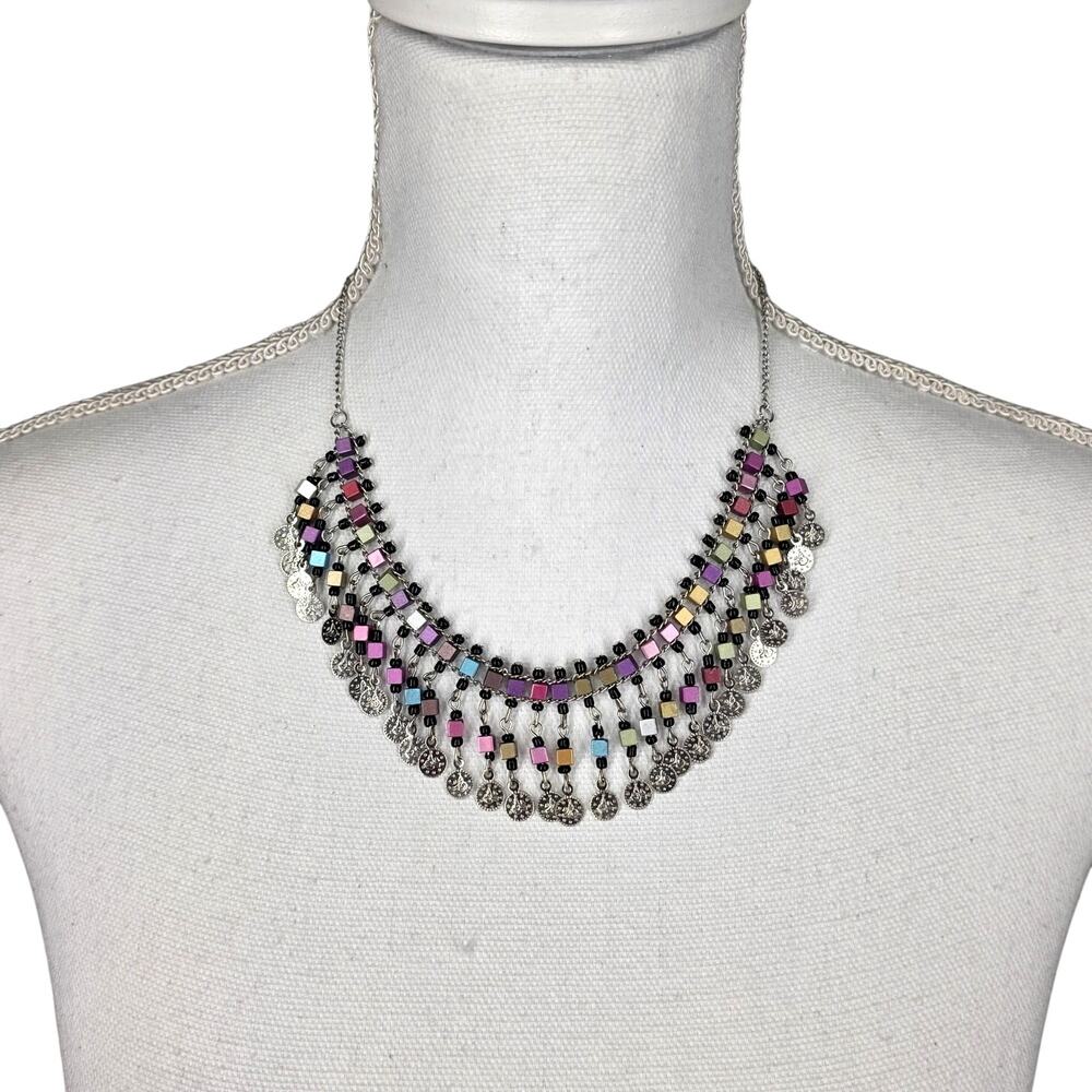 MULTICOLOR BEADED BIB NECKLACE WITH COIN CHARMS – BOHO TRIBAL FESTIVAL STYLE